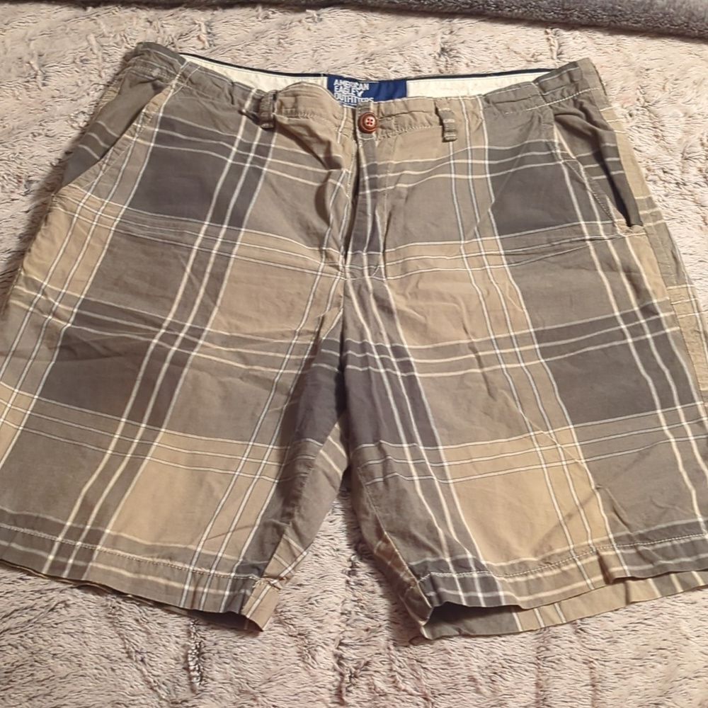 American Eagle Mens Plaid Chino Shorts Mid Rise 100% Cotton Brown Blue‎ Size 36